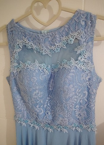 Mavi Nakışlı Uzun Abiye Elbise - Görsel 4