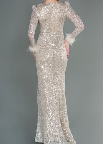 Bej Parlak Uzun Kollu Abiye Elbise - Görsel 2