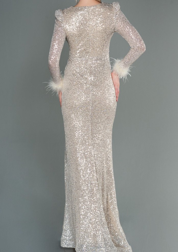 Bej Parlak Uzun Kollu Abiye Elbise - Görsel 2