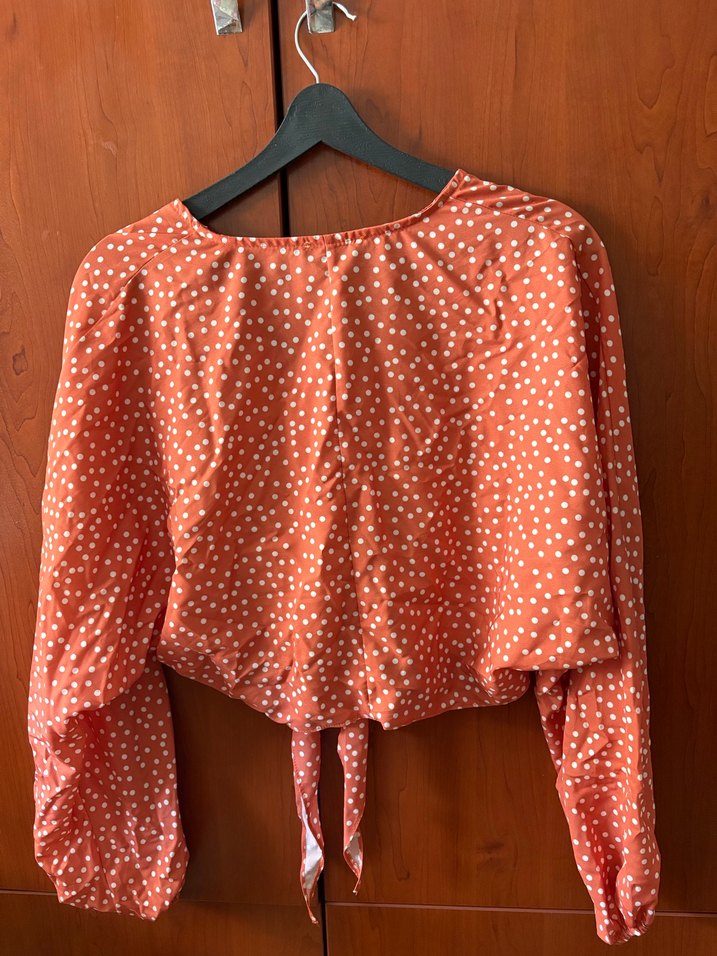 V Yaka Uzun Kollu Düğmeli Turuncu Bluz - Görsel 3