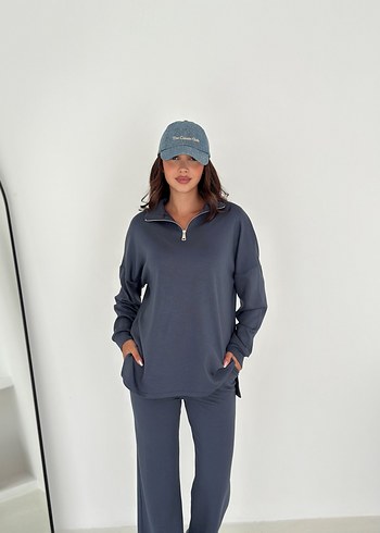 Gri Kadın Oversize Denim Eşofman Takımı