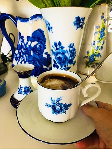 Antika Bavaria Mavi Çiçek Desenli Duble Kahve Fincanı