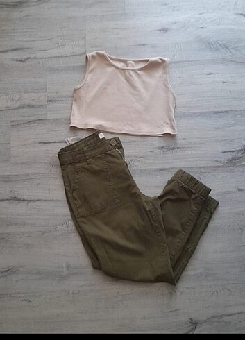 38 Beden haki Renk Bayan crop ve pantalon takimi