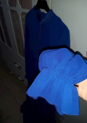Diğer Mavi Uzun Kollu Fırfırlı Bohem Elbise