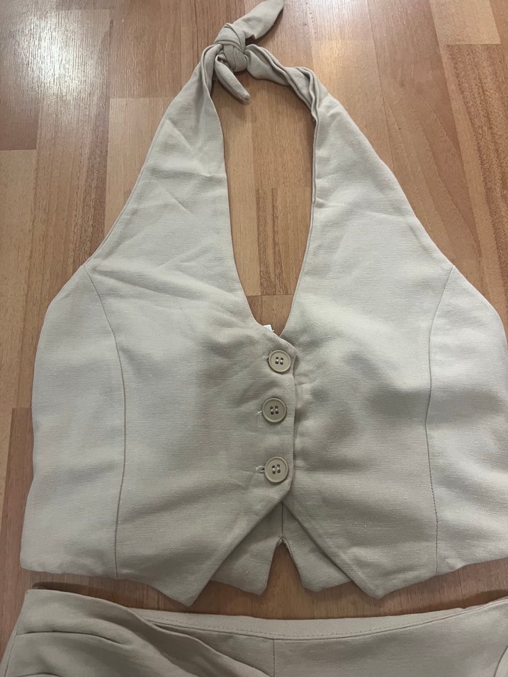 Bej Keten Mini Kadın Takım - Görsel 3