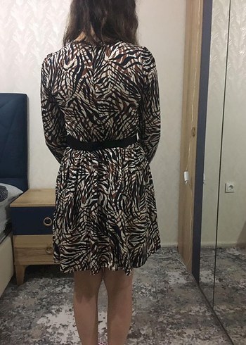 Kahverengi Zebra Desenli Midi Elbise - Görsel 2