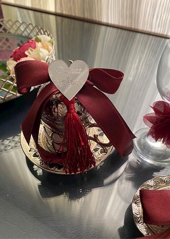 Bordo Kurdeleli İsteme Bardak ve Tepsi Seti - Görsel 2