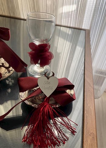 Bordo Kurdeleli İsteme Bardak ve Tepsi Seti - Görsel 4