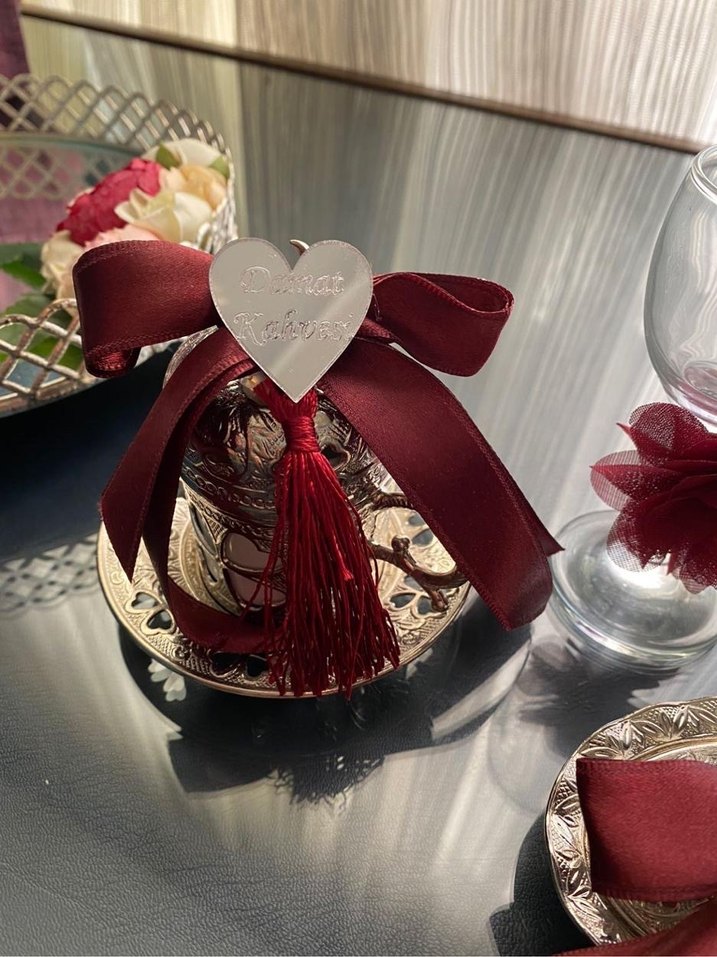 Bordo Kurdeleli İsteme Bardak ve Tepsi Seti - Görsel 2