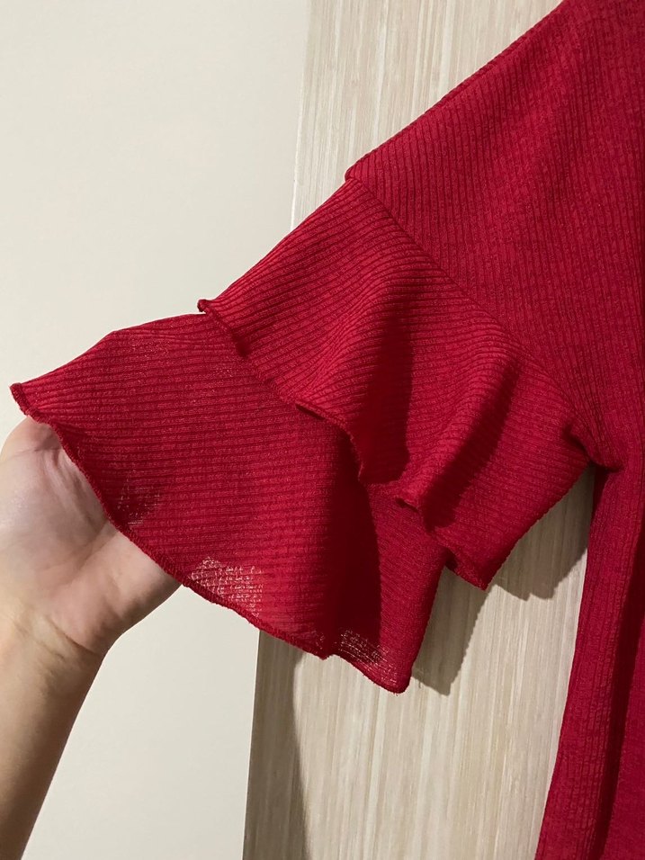 Kırmızı Kısa Kollu Fırfırlı Kadın Bluz - Görsel 3