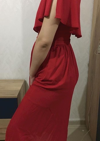 Kırmızı V Yaka Midi Elbise - Görsel 3