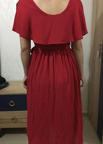 Kırmızı V Yaka Midi Elbise - Görsel 2