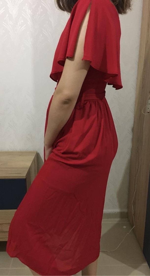 Kırmızı V Yaka Midi Elbise - Görsel 3