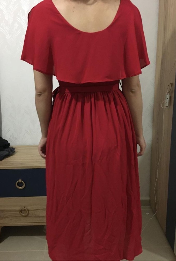 Kırmızı V Yaka Midi Elbise - Görsel 2