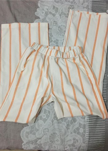Beyaz Turuncu Çizgili Pamuklu Geniş Paça Pantolon - Görsel 2