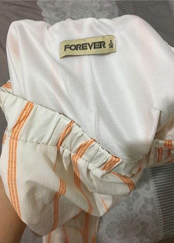 Beyaz Turuncu Çizgili Pamuklu Geniş Paça Pantolon - Görsel 3