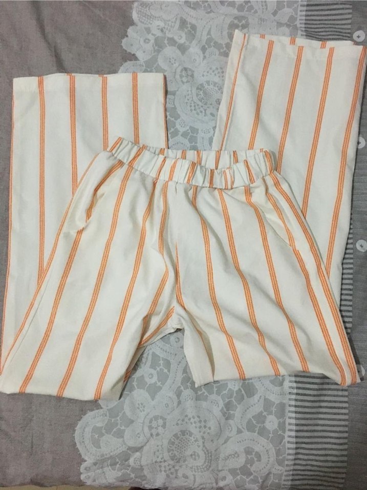 Beyaz Turuncu Çizgili Pamuklu Geniş Paça Pantolon - Görsel 2