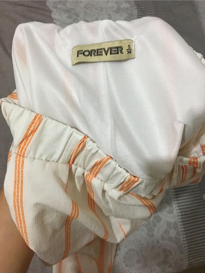 Beyaz Turuncu Çizgili Pamuklu Geniş Paça Pantolon - Görsel 3