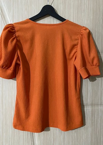 Turuncu Kısa Kollu Salaş Keten Bluz - Görsel 2