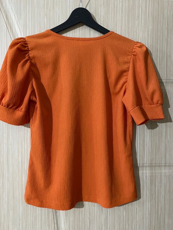 Turuncu Kısa Kollu Salaş Keten Bluz - Görsel 2