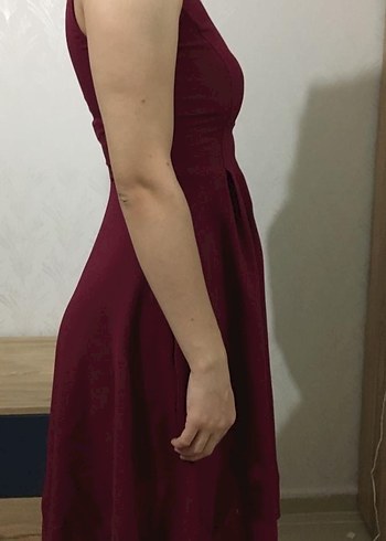 Bordo Midi Klasik Fırfırlı Kadın Elbise - Görsel 3