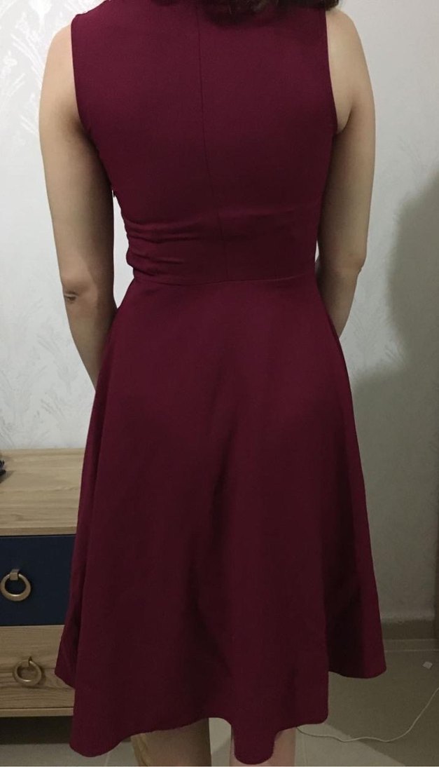 Bordo Midi Klasik Fırfırlı Kadın Elbise - Görsel 2