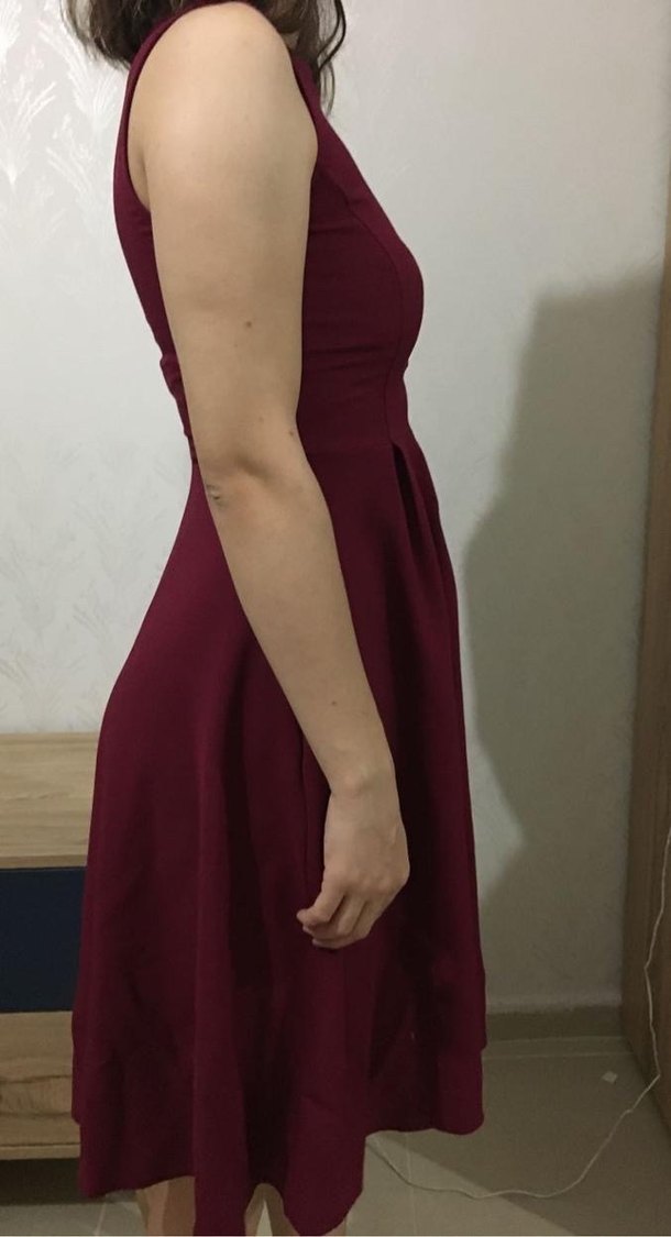 Bordo Midi Klasik Fırfırlı Kadın Elbise - Görsel 3