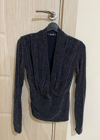 Drapeli V Yakalı Uzun Kollu Siyah Işıltılı Bluz - Görsel 5