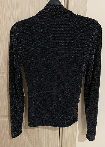 Drapeli V Yakalı Uzun Kollu Siyah Işıltılı Bluz - Görsel 4