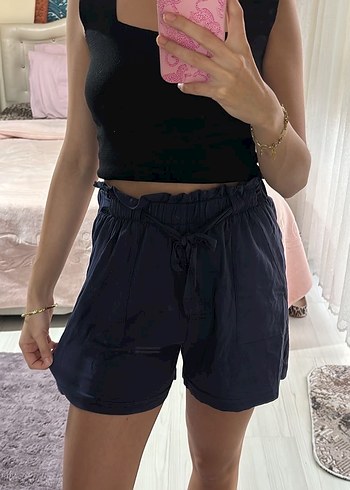 Lacivert Bağcıklı Mini Kot Şort - Görsel 2