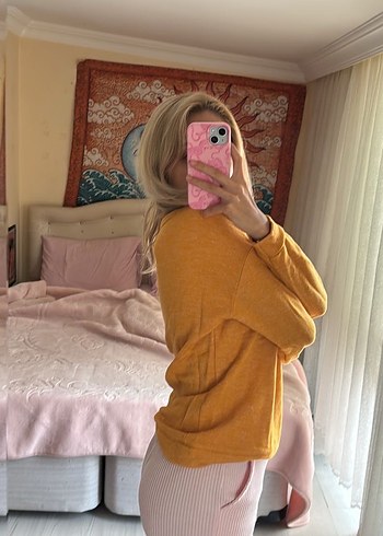 Sarı Uzun Kollu Salaş Triko Kazak - Görsel 3