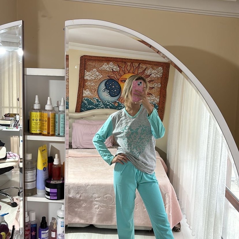 Turkuaz Bağlama Desenli Uzun Kollu Bohem Pijama - Görsel 2