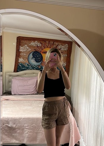 Kadın Camel Bağlama Desenli Mini Crop Top - Görsel 2