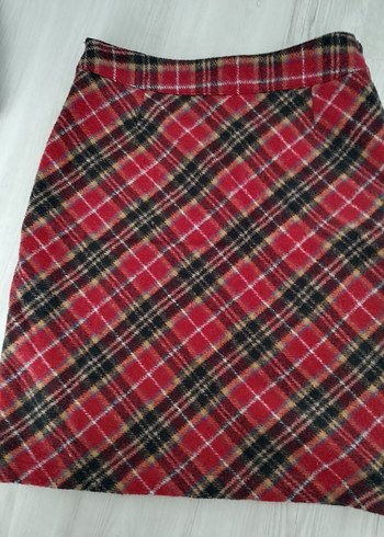 Kırmızı Ekose Pileli Midi Etek - Görsel 8