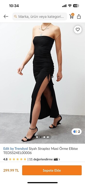 siyah straplez maxi yırtmaçlı örme elbise