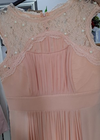 Pembe Dantel İşlemeli Uzun Abiye Elbise