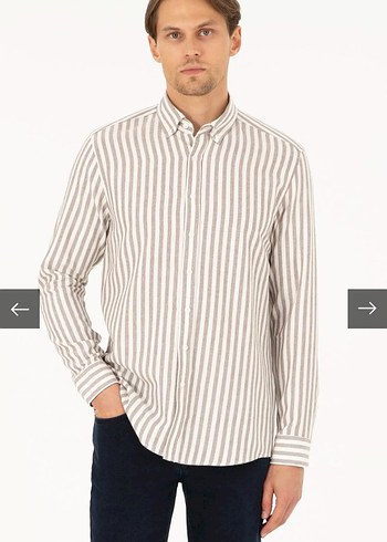 Bej Gri Çizgili Regular Fit Erkek Gömlek - Görsel 2