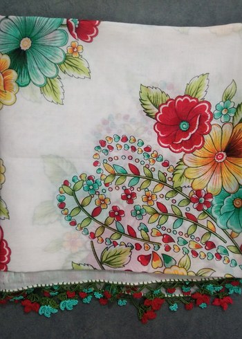 Renkli Çiçek Desenli Dantel Detaylı Kadın Fuları