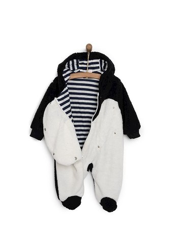 Midimod Kapüşonlu, kürklü penguen desenli bebek tulumu - Görsel 3