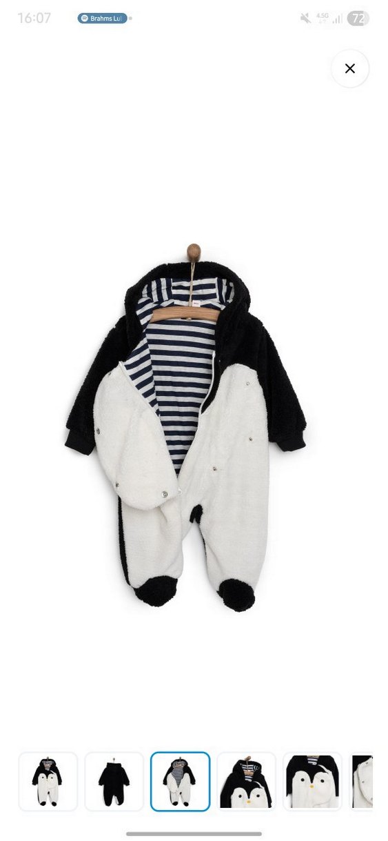 Midimod Kapüşonlu, kürklü penguen desenli bebek tulumu - Görsel 3