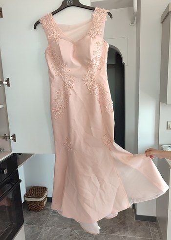 Dantel İşlemeli V Yakalı Pembe Midi Elbise - Görsel 5