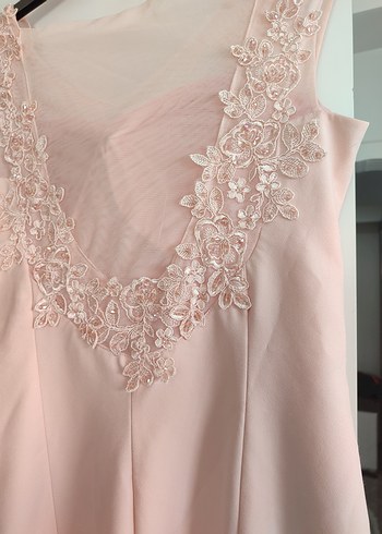 Diğer Dantel İşlemeli V Yakalı Pembe Midi Elbise