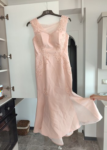 Dantel İşlemeli V Yakalı Pembe Midi Elbise - Görsel 6