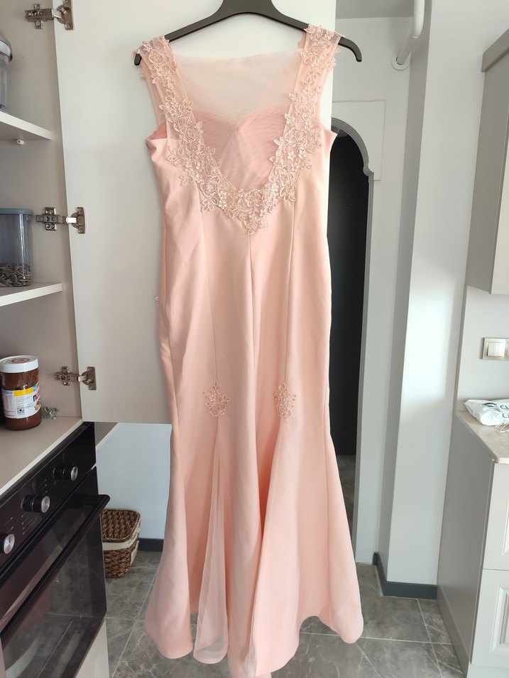 Dantel İşlemeli V Yakalı Pembe Midi Elbise - Görsel 3