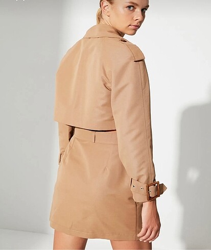 xs Beden Camel kemerli trençkot blazer ceket kruvaze kapama