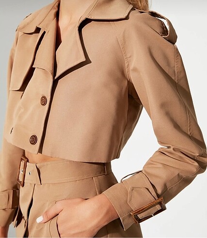 Trendyol & Milla Camel kemerli trençkot blazer ceket kruvaze kapama
