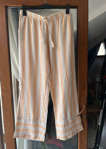 s Beden turuncu Renk H&M Bej Pilili Keten Midi Pantolon