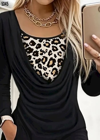 Trendyol & Milla Leopar Desenli Drapeli Siyah Elbise