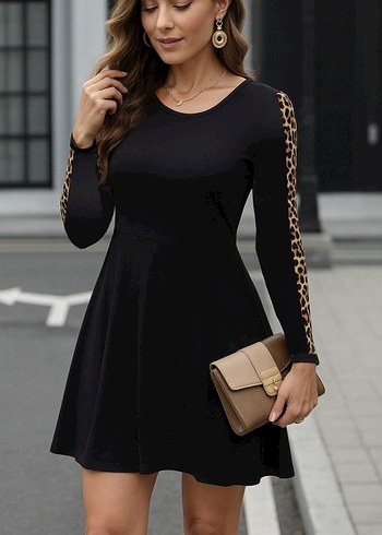 Leopar Desenli Uzun Kollu Mini Elbise - Görsel 3