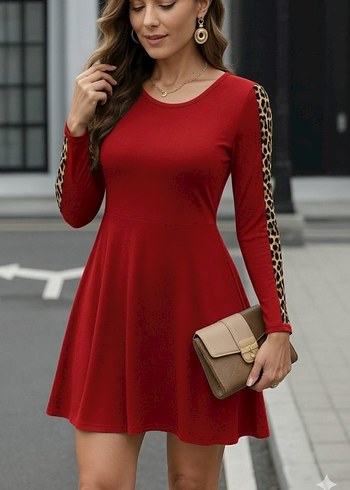 Leopar Desenli Uzun Kollu Mini Elbise - Görsel 2